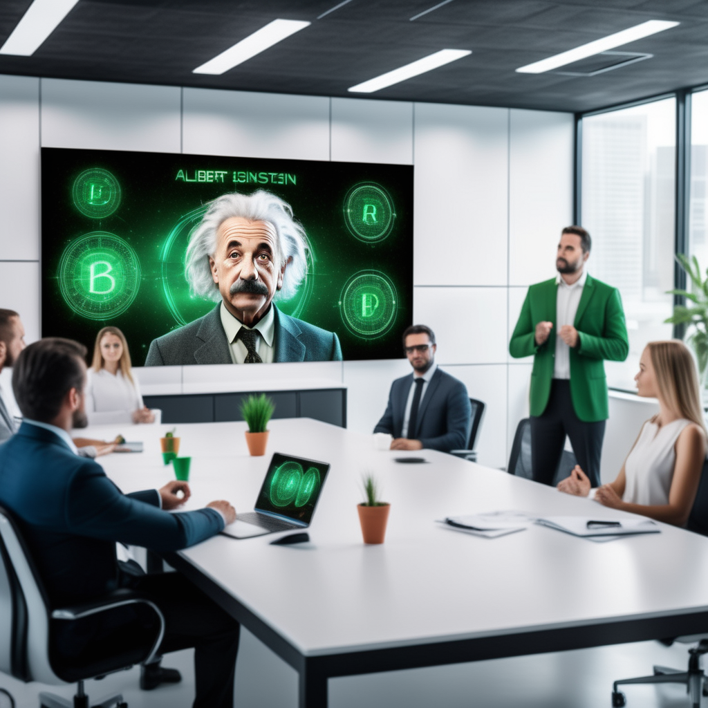 hologram-of-albert-einstein giving a serious speach in ultra modern ai development office